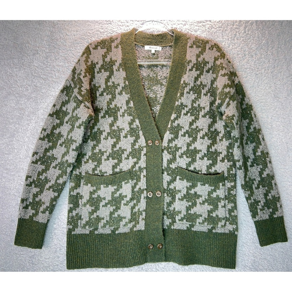 Madewell Allston‎ Houndstooth Cardigan XXS Green Cream Wool Alpaca Blend Preppy